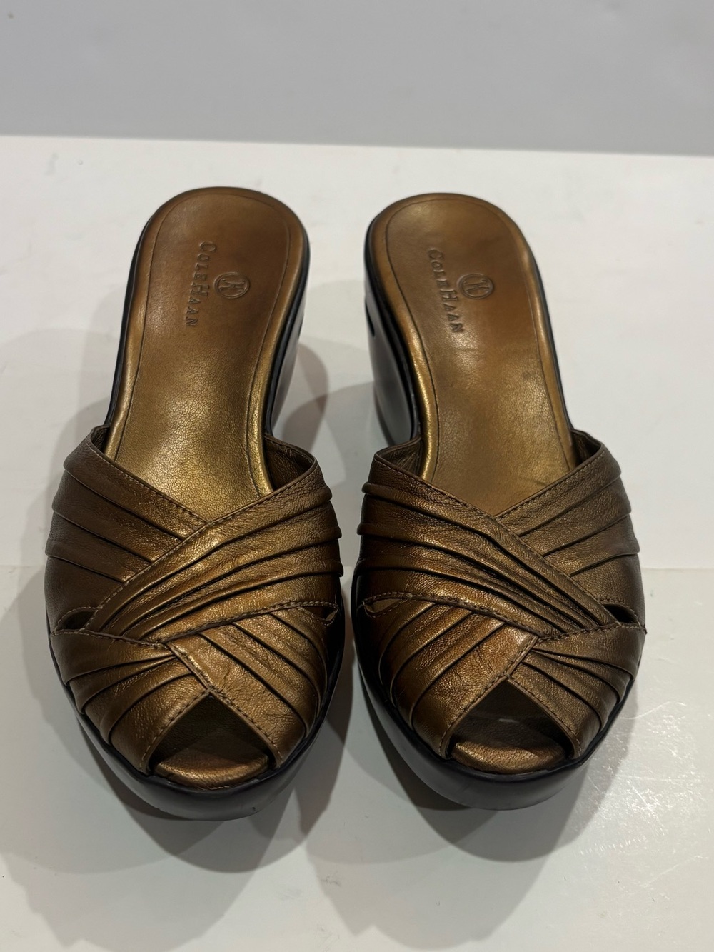 Cole Haan Metallic Bronze Peep-Toe Leather Mules